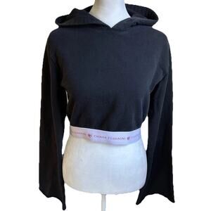 Chiara Ferragni Cropped Hoodie Womens XS Black Logo Bell Sleeve Pullover